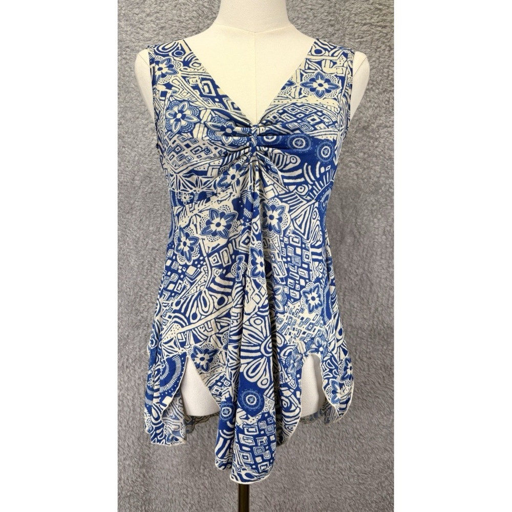 VTG Newport M Blue White Babydoll Top Y2K Fairycore Boho Coquette V Neck